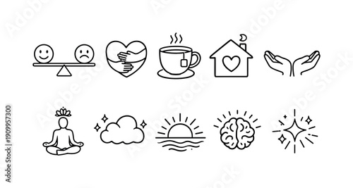 Wellness and mindfulness outline icon set: self care, health, meditation symbols