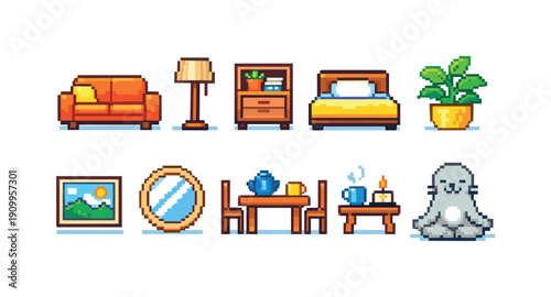 Home, decor pixel icon set. Furniture, decor elements pixel collection.