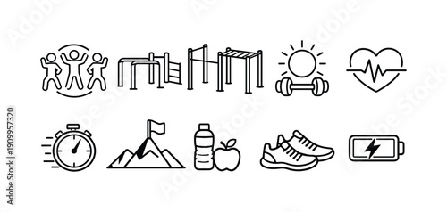 Fitness, exercise outline icon set. Health, gym, wellness line icons collection