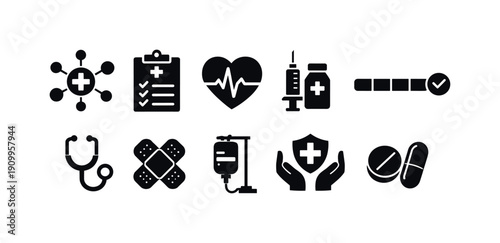 Healthcare and medical solid icon set. Health, medicine, hospital icons solid collection