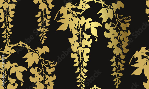 wisteria flowers japanese chinese seamless vector pattern ink golden design 