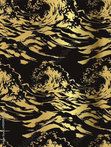 tsunami sea waves japanese chinese seamless vector pattern ink golden design 