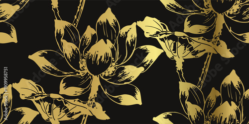 lotus flower japanese chinese seamless vector pattern ink golden design 