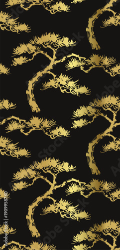 pine tree japanese chinese seamless vector pattern ink golden design 