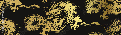 dragon japanese chinese seamless vector pattern ink golden design 