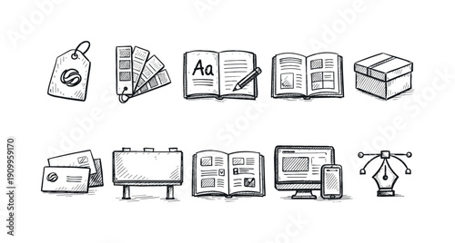 Marketing and branding outline icon set. Advertising, digital media sketch style icons.