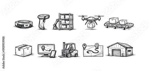 Logistics and delivery icon set. Hand-drawn style icons for supply chains and drones
