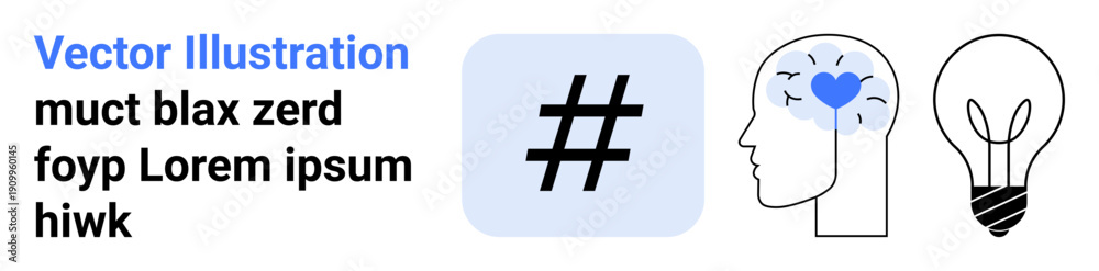 Fototapeta premium metadata tag symbol in square, human head with heart symbolizing empathy, and lightbulb denoting innovation. Ideal for creativity, social media, motivational themes, mental health, user engagement