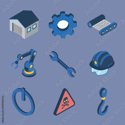 This vector image features an isometric collection of icons representing industrial machinery, tools, manufacturing processes, and safety warnings.
