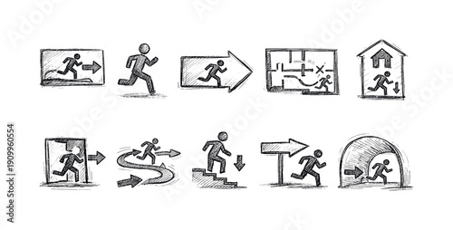 Emergency evacuation outline icon set. Safety, exit arrow, escape route sketch icons