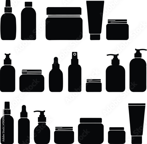 Collection of black cosmetic bottle silhouettes and beauty product container icons featuring cream jars sprayers and pump dispensers on white background