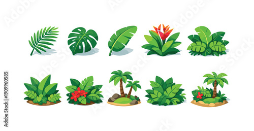 Tropical plants flat icon set. Exotic, foliage, nature, botanical, greenery collection