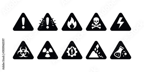 Safety warning silhouette icon set. Hazard, alert symbols silhouette collection