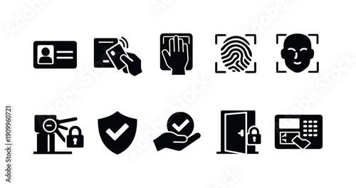 Security and biometrics solid icon set. Authentication, id, access symbols collection