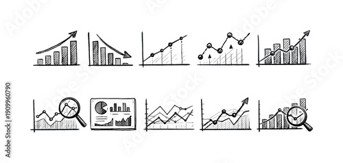 Business, finance outline icon set. Trend analysis, data growth graphs collection