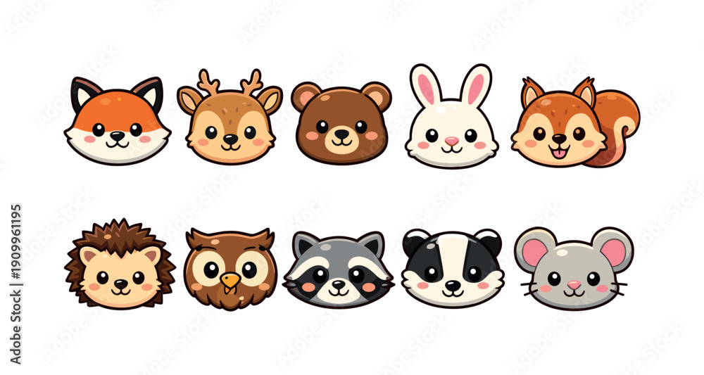 Fototapeta premium Animal cute icon set. Cartoon, animal faces, kawaii, flat style icons for kids