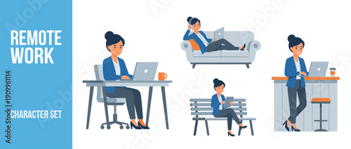 Remote Work Character Set with a Professional Woman Working on a Laptop at a Desk, Relaxing on a Sofa with Headphones, Using a Tablet on a Park Bench, and Standing at a High Counter Table.
