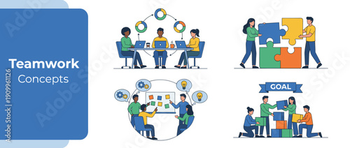 Set of Teamwork Concept Illustrations Featuring People Collaborating on Projects, Solving Jigsaw Puzzles, Brainstorming with Sticky Notes, and Building Towards a Common Goal in a Flat Design Style