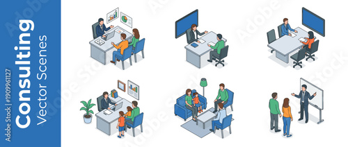 Isometric vector illustration set of professional consulting scenes featuring business meetings, financial advising, legal consultations, and family planning sessions in office environments.