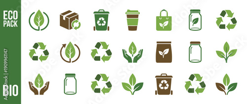 Comprehensive set of eco-friendly and biodegradable packaging icons featuring recycling symbols, green leaves, reusable bags, glass jars, and sustainable containers for waste reduction concepts.