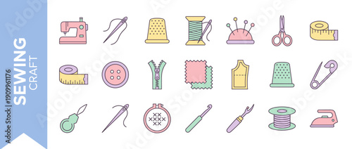 Set of 21 Pastel Sewing and Craft Icons Including Sewing Machine, Needle, Thread, Scissors, Measuring Tape, Button, Zipper, Thimble, Embroidery Hoop, and Iron for Tailoring and DIY Hobby Projects.