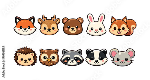 Animal cute icon set. Cartoon, animal faces, kawaii, flat style icons for kids