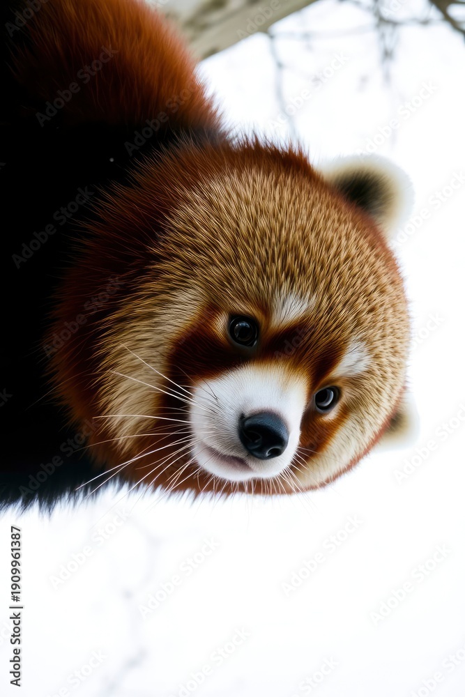 Obraz premium A red pandas face with reddish-brown and white fur dark eyes and prominent whiskers looks down against a bright out-of-focus background with subtle branches