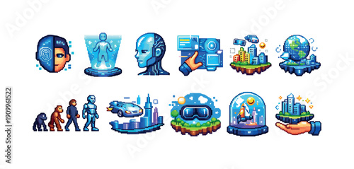 Futuristic, technology 3d icon set. Cyber, digital transformation icons 3d collection