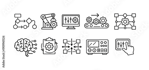 Business and technology outline icon set. Strategy, innovation icons outline collection