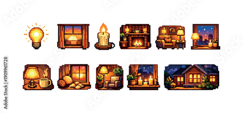 Cozy home pixel icon set. Warm, hygge, cozy atmosphere icons in pixel art style.