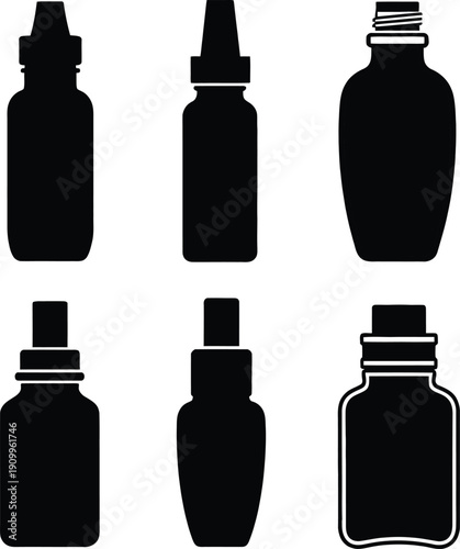 Set of medical and cosmetic bottle silhouettes for pharmaceutical packaging. Black icons of dropper bottles, serum containers and medicine jars on white.