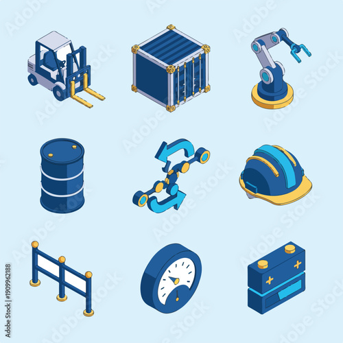 A grid of nine isometric vector icons depicting essential industrial, logistics, and safety elements like a forklift, container, robot arm, barrel, hard hat, gauge, and battery.