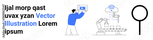 Professional exploring high-tech interface, industrial robot on conveyor, wireless symbol, and magnifying glass. Ideal for technology, innovation, industry, analysis, automation education simple