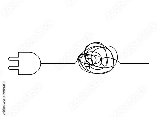 One continuous line drawing of tangled wires electric plugs, vector illustration, isolated on transparent background