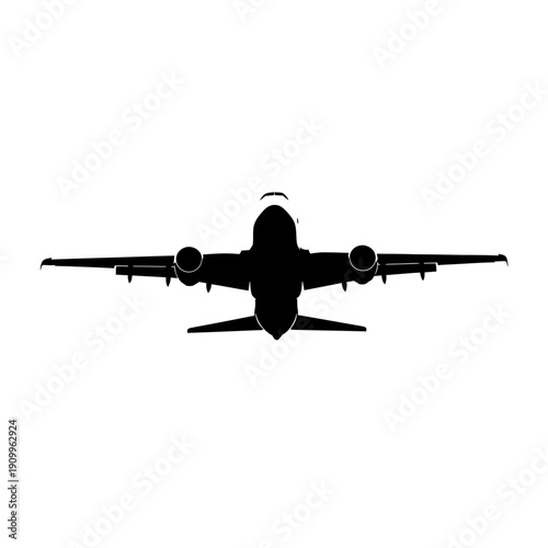 Silhouette of a commercial airplane against a white background, front view.