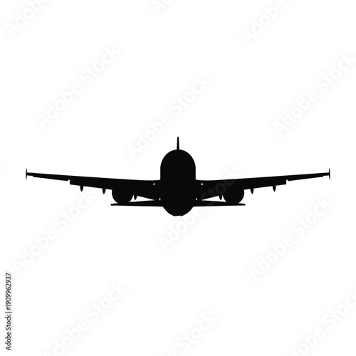 Silhouette of a commercial airplane ready for takeoff against white background.