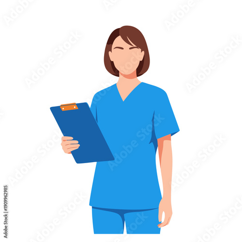 Professional Female Healthcare Worker in Blue Scrubs Holding a Clipboard Presenting Medical Information or Patient Records in a Clean Flat Vector Illustration