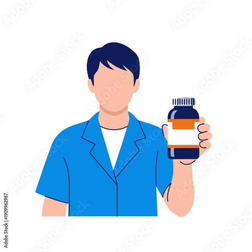 Faceless Man in a Blue Jacket Holding a Dark Blue and Orange Medicine Bottle with a White Label Presenting a Supplement Product or Pharmaceutical Item