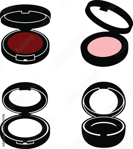 Collection of makeup compact powder and blush icons with open lids. Cosmetic face product silhouettes for beauty salon, fashion and vanity design elements.