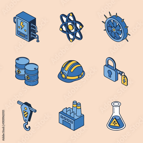 A set of isometric blue and yellow icons representing industrial, scientific, and safety elements like an electrical panel, atom, hard hat, and factory.