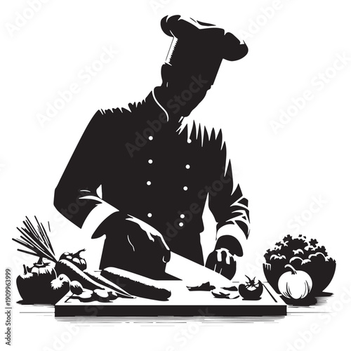 Black Chef chopping vegetables Silhouette Vector, High Quality Illustration on White Background