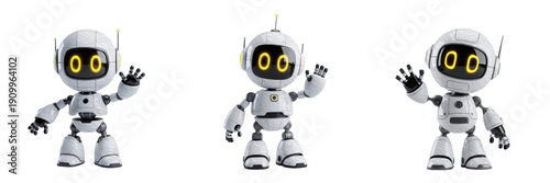 Set of Three Small White Futuristic Robots with Glowing Yellow Eyes Waving on White Background