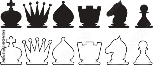 Set of chess pieces icons in solid black silhouette and linear outline