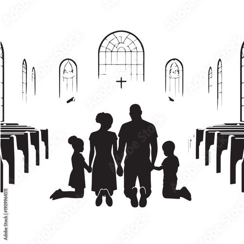 Black Church family prayer Silhouette Vector, High Quality Illustration on White Background