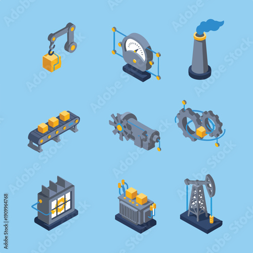 This vector illustration features a collection of isometric industrial icons, including machinery, production lines, and energy elements.