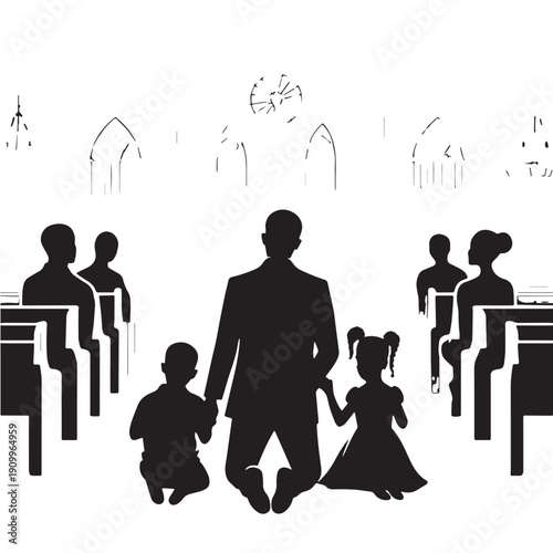 Black Church family prayer Silhouette Vector, High Quality Illustration on White Background