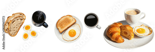 Top view of healthy breakfast set with fried eggs, toasted bread, croissant and black coffee cup isolated on white background