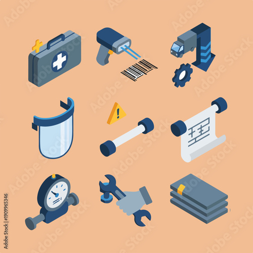 A set of isometric vector icons illustrating various industrial, safety, and operational elements like a first aid kit, barcode scanner, and engineering tools.