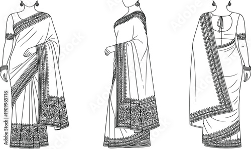 Traditional Indian saree fashion sketches set, women wearing elegant ethnic dresses with embroidery patterns, South Asian cultural clothing flat vector line art