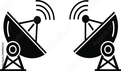 Satellite dish antenna icon set with signal waves for telecommunication and global broadcasting cad drawing flat vector illustration for technological communication networks